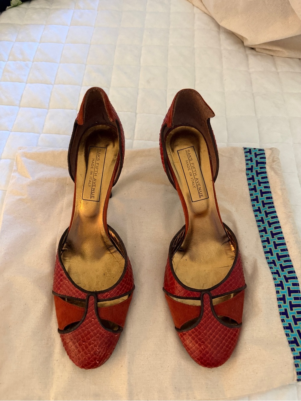 Saks Fifth Avenue Red Textured Peep-Toe Heel with Gold Insole